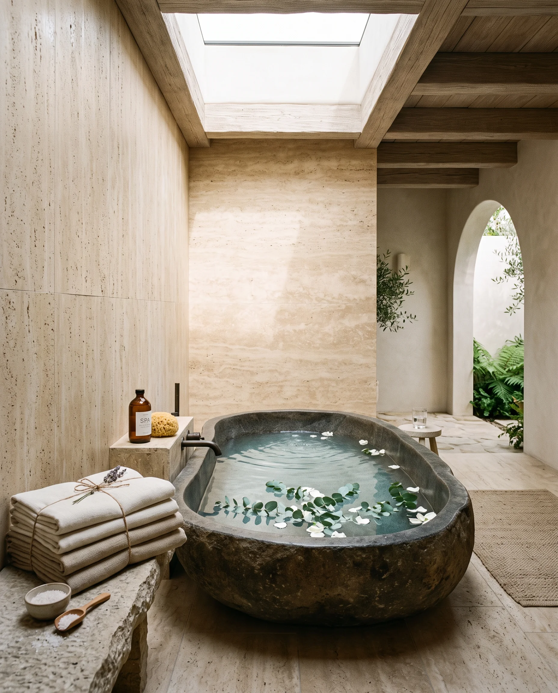 Sala de spa revestida de pedra com luz baixa