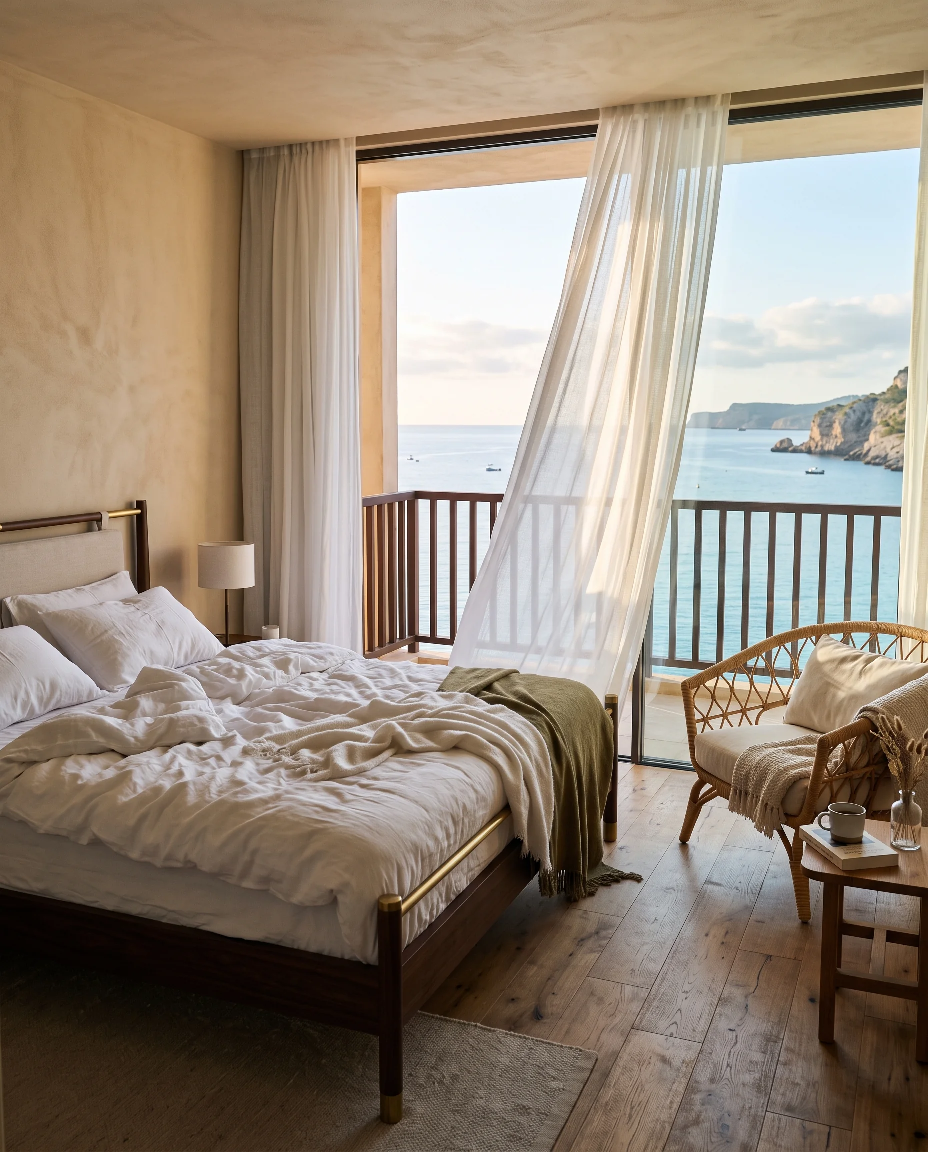 Suíte clara do hotel MARÉ com roupa de cama branca e o mar visível pela janela